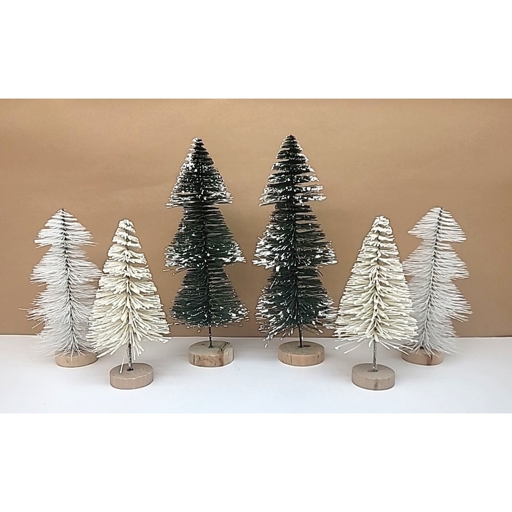Lot of 6 Glitter White/White Tip Green Bottle Brush Christmas Trees 5.5" 6" 8.5"